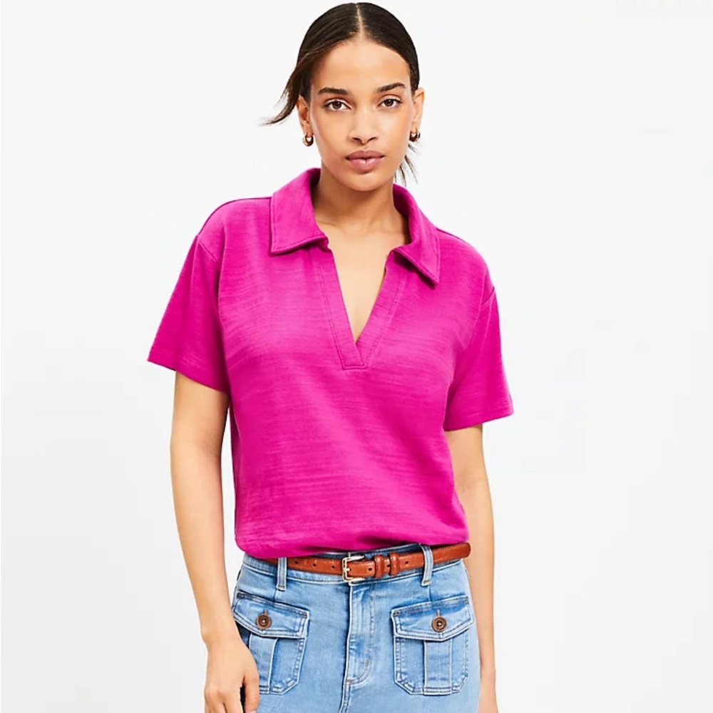 LOFT Split Neck Polo Shirt in magenta
